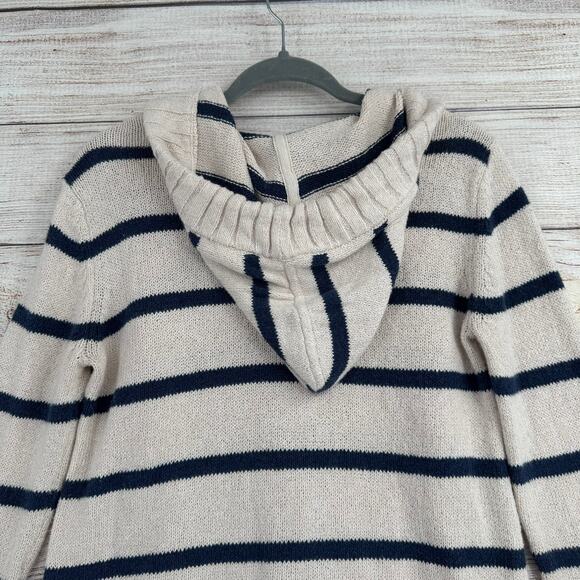 Faherty Kent Striped Hoodie Sweater Womens XS Ivory Blue Tassled Drawstring - Picture 4 of 13